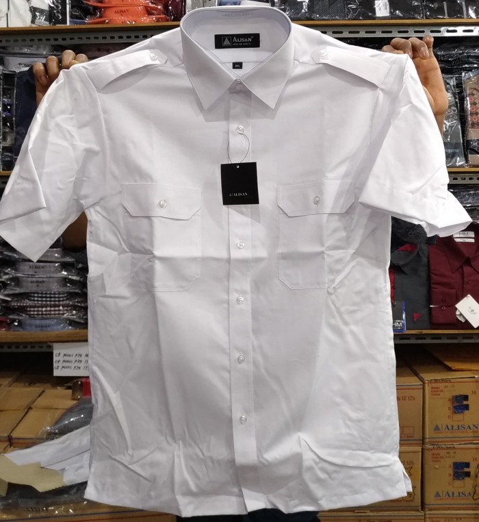 Foto Produk Alisan Kemeja Putih Pangkat Kantong Dua Pendek Pilot Dinas - Putih, L dari Mega Hero Shirts