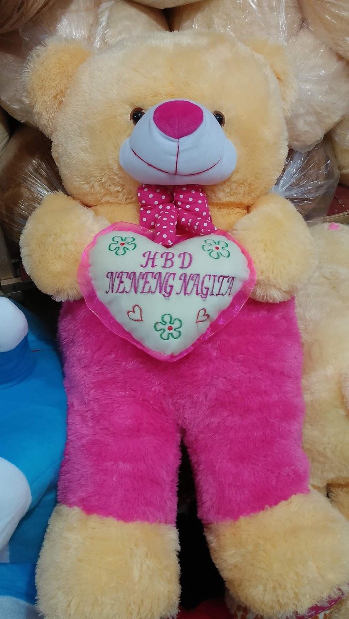 BONEKA BERUANG TEDDY BEAR JOJON JUMBO CREAM PINK FANTA HIJAU MUDA UKIR - Cream Fanta