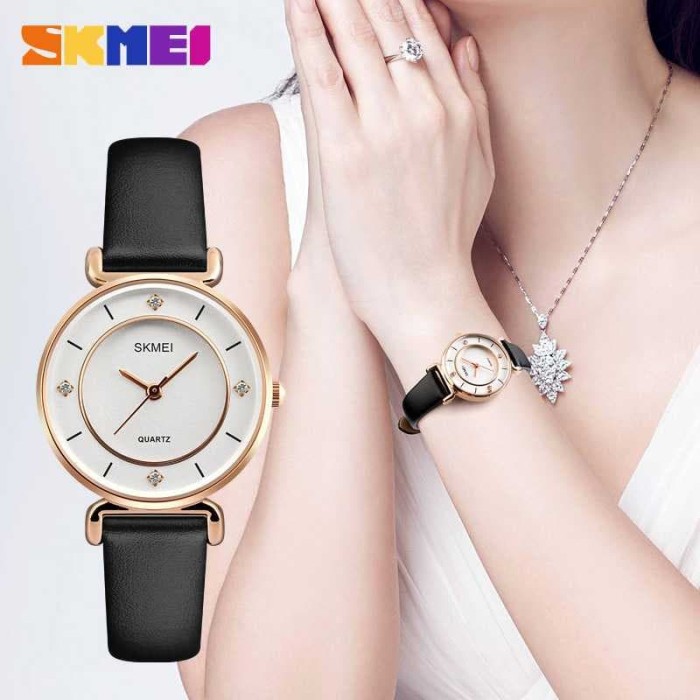 Jam Tangan Wanita Cewek Skmei Original Kulit Cantik Casio Analog Awet - Hitam