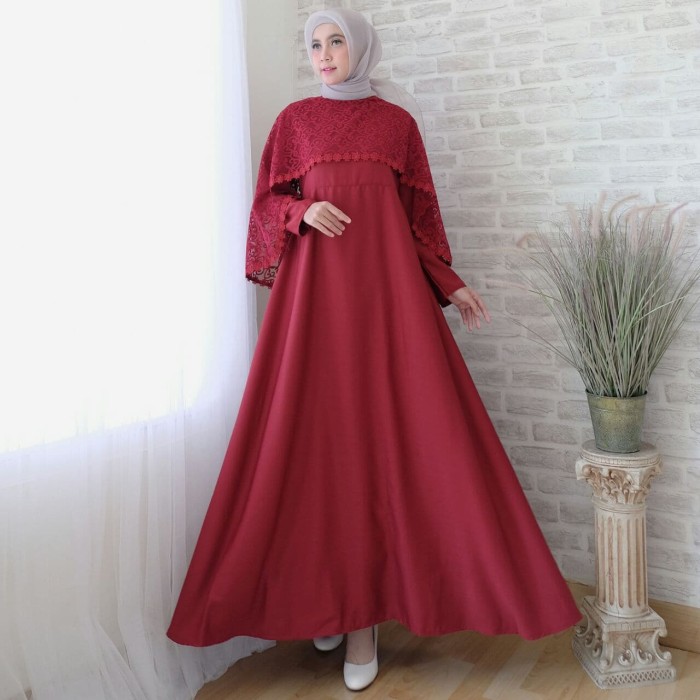 Baju Gamis Pesta Muslim Remaja Wisuda Sonia Brokat Brukat Merah Maron 1