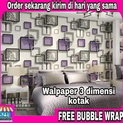 Wallpaper dinding 3D kotak ungu dan batu alam - Motif Ungu 3d