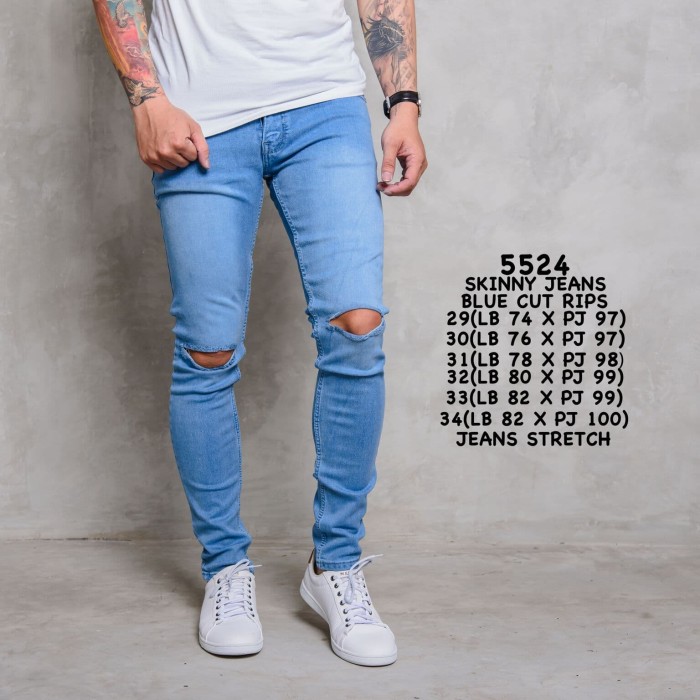Celana Jeans Sobek Biru Muda / Celana Jeans Pria / Celana Panjang