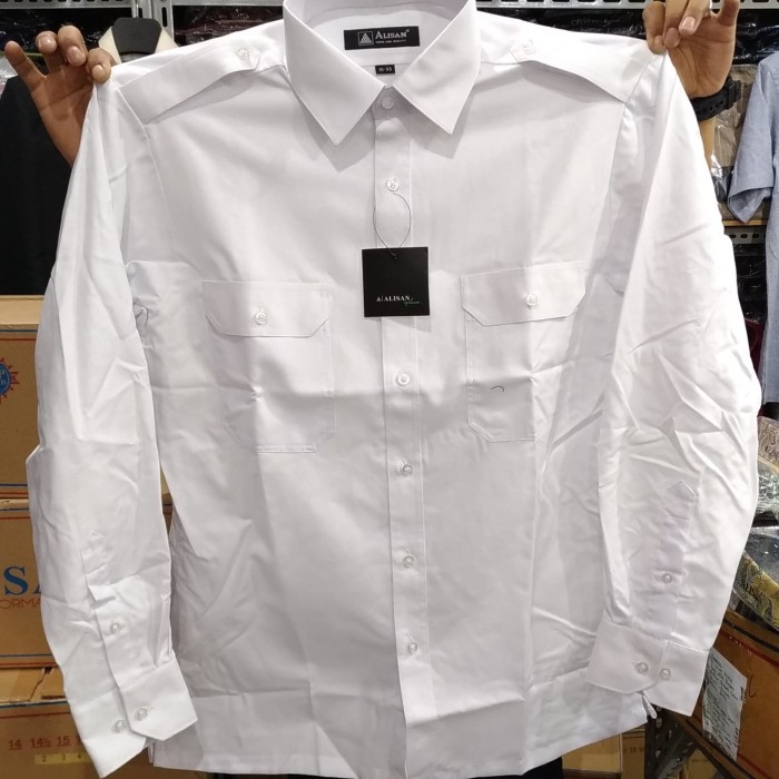 Foto Produk Kemeja Pria Alisan Putih Kantong Dua Pangkat Dinas Lengan Panjang - Putih, M dari Mega Hero Shirts