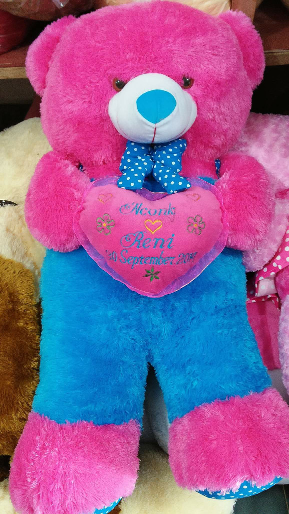 BONEKA BERUANG TEDDY BEAR JOJON SUPER JUMBO PINK FANTA BAJU BIRU - BONEKA SAJA