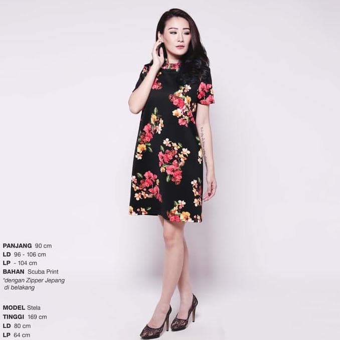 Premium Flower Scuba Dress Floral Print Gaun Pakaian Wanita Ds958 -
