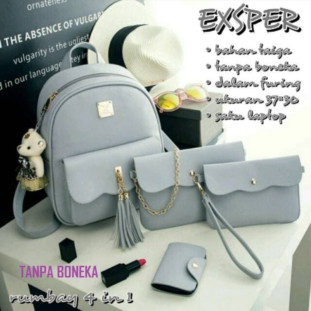 TERMURAH Tas Ransel Wanita Cewek Korea Fashion Set 4in1 Rumbai Murah 3 - Abu -abu Tua