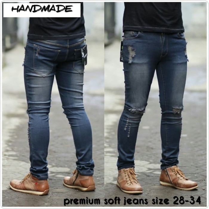 Celana jeans pria ripped sobek / robek lutut model skinny / pensil - Navy, XL