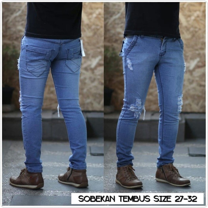 Celana jeans pria ripped sobek / robek lutut model skinny / pensil - Navy, XL