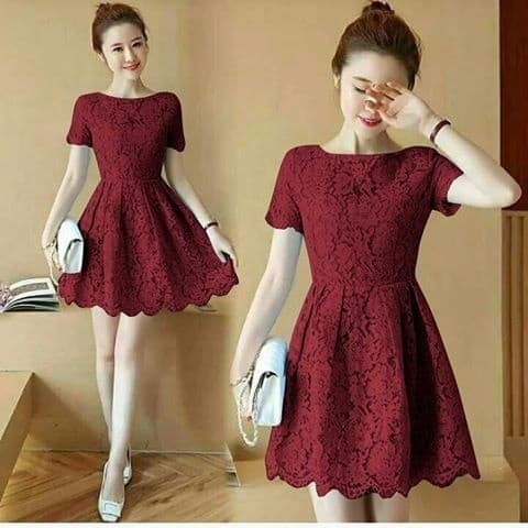 Baju pesta brukat ambar marun gaun pesta remaja korean style murah mdv