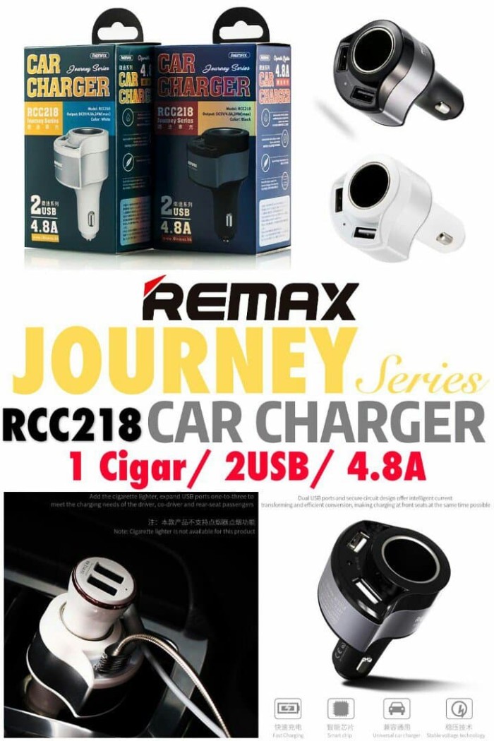 Foto Produk Remax Journey Car Charger 2 USB Port 4.8A + Cigarette Lighter RCC-218 dari KortingStore