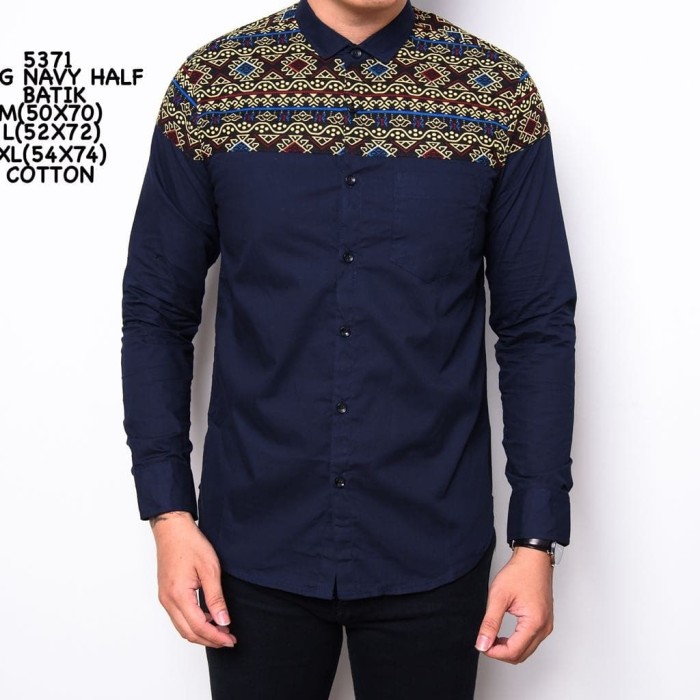 Kemeja Pria Lengan Panjang Navy Mix Batik Songket - , - Blanja.