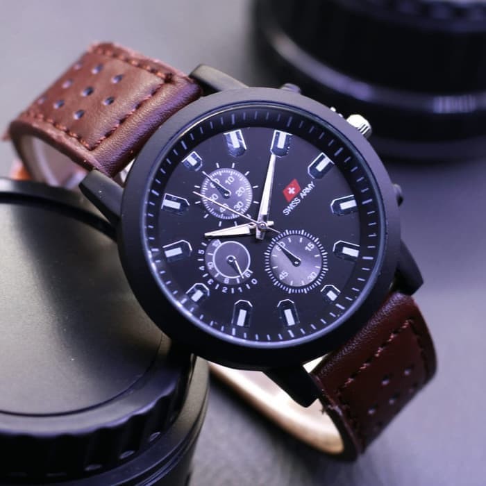 TERBARU JAM TANGAN PRIA SWISS ARMY KULIT CHRONO VARIASI DARK BROWN