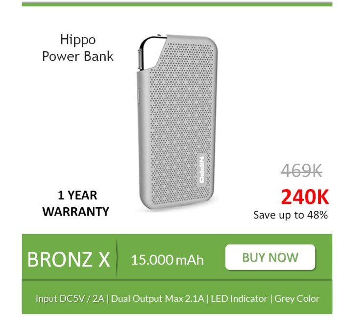 Power Bank Hippo Bronz X 15000 mAh Original Real Capacity Grey Abu Abu