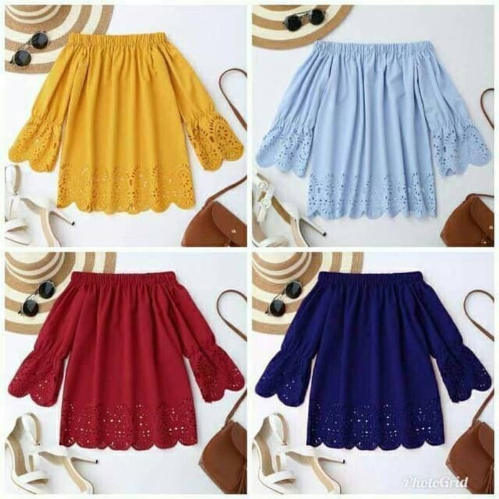 Baju Atasan Blouse Wanita Mimi Laser Sabrina Bahan Twiscone - Kuning