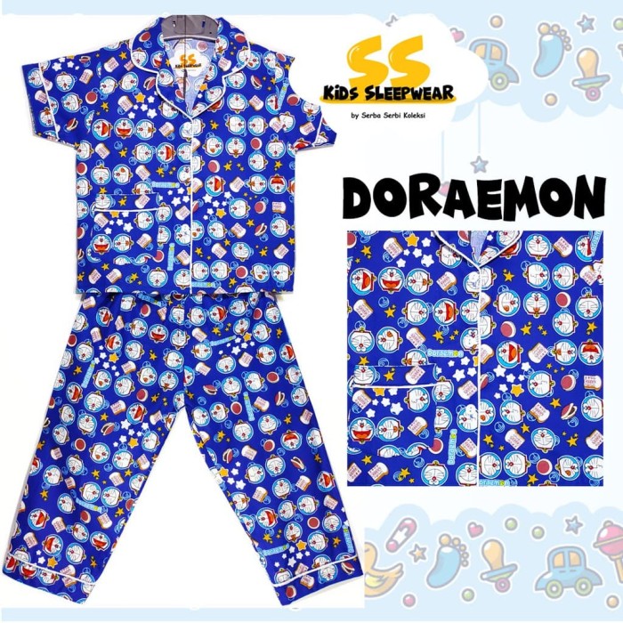 BAJU TIDUR ANAK LAKI LAKI / PIYAMA ANAK KATUN DORAEMON ORIGINAL - 4-5 tahun, Biru