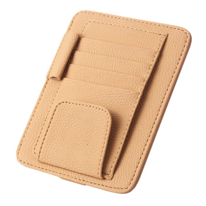 Car Sun Visor Sunshade Interior PU Leather Storage Case Sunglasses Holder Organizer Sleeve Wallet Clips Mount Beige Color