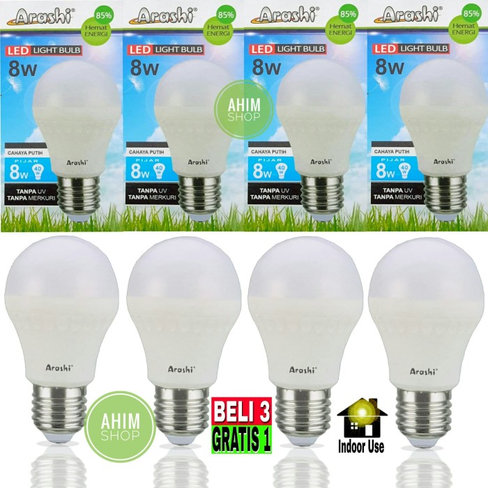 4pcs ARASHI Lampu LED Bulb 8 Watt 8W 8 W Putih Model Mirip Philips