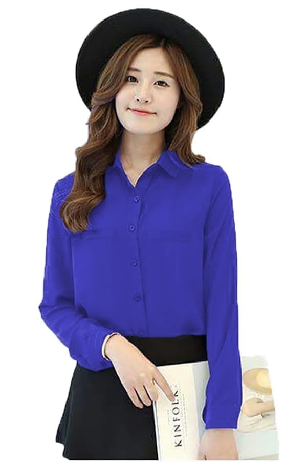 fashion Korean Style Plain Shirt Long SLeeve - Ummi - Putih - Navy