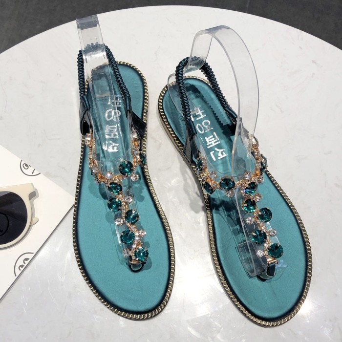 Catata Women Summer Bohemian Sandals Rhinestone Beaded T-Strap Flat Thong Gladiator