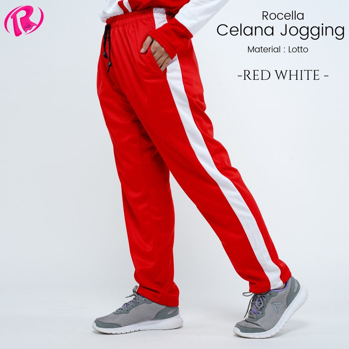 red and white jogging suit