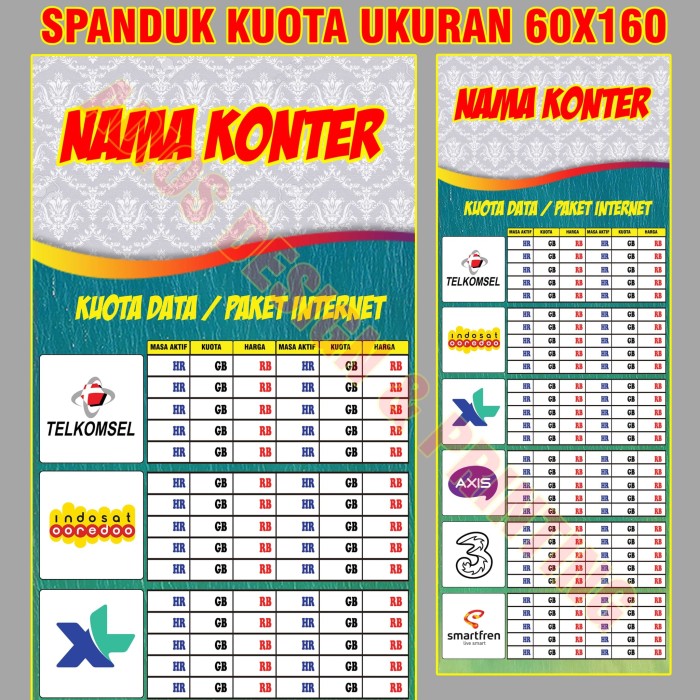 Jual Spanduk Pu   lsa Banner Tabel Harga Kuota Konter 60x160 - Kota