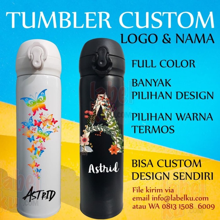 Jual Logo Nama Tumbler Termos Botol Minum Promosi Cetak Custom Nama Jakarta Barat Labelku 0967