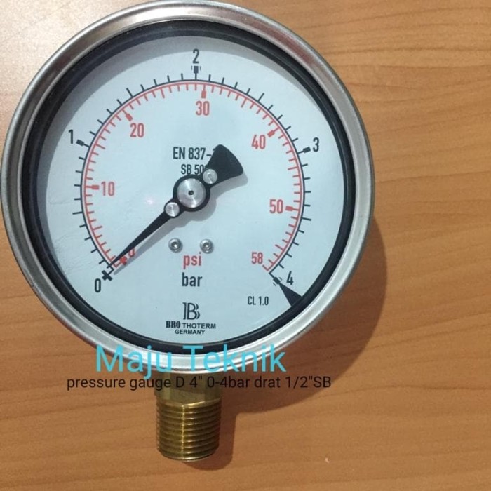 Jual Pressure Gauge D 4" 04 bar drat 1/2" kuningan Jakarta Utara Maju Teknik Pressure Gau