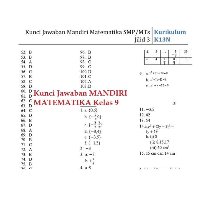 Kunci Jawaban Mandiri Matematika Kelas 7 Revisi Sekolah