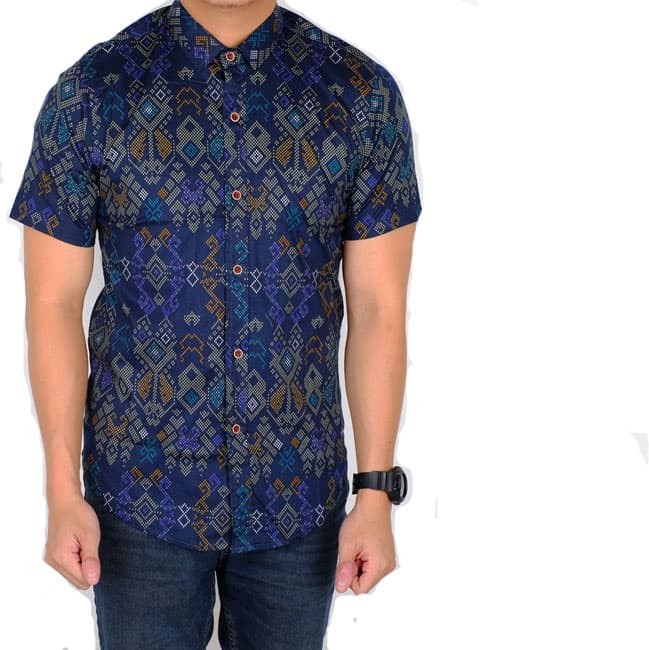 baju batik songket brown slimfit / kemeja pria batik lengan pendek