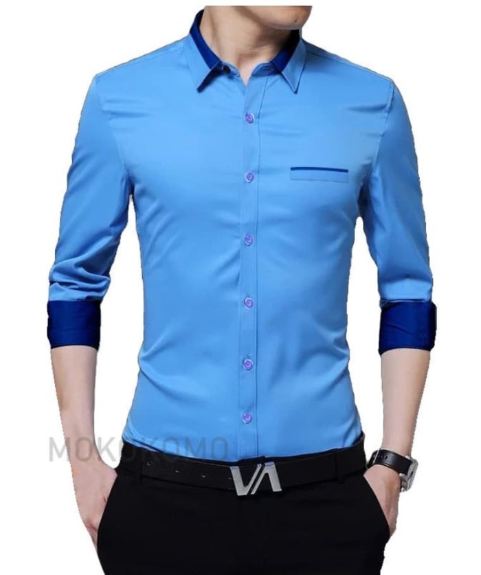 Foto Produk RAFFI TOP MAN KEMEJA PRIA COWO KANTOR KASUAL FORMAL LENGAN PANJANG - Biru Muda, S dari RisRus Apparel