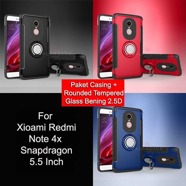 Calandiva Ring Carbon Case Xiaomi Redmi Note 4X Snapdragon - Black+TG - Hitam