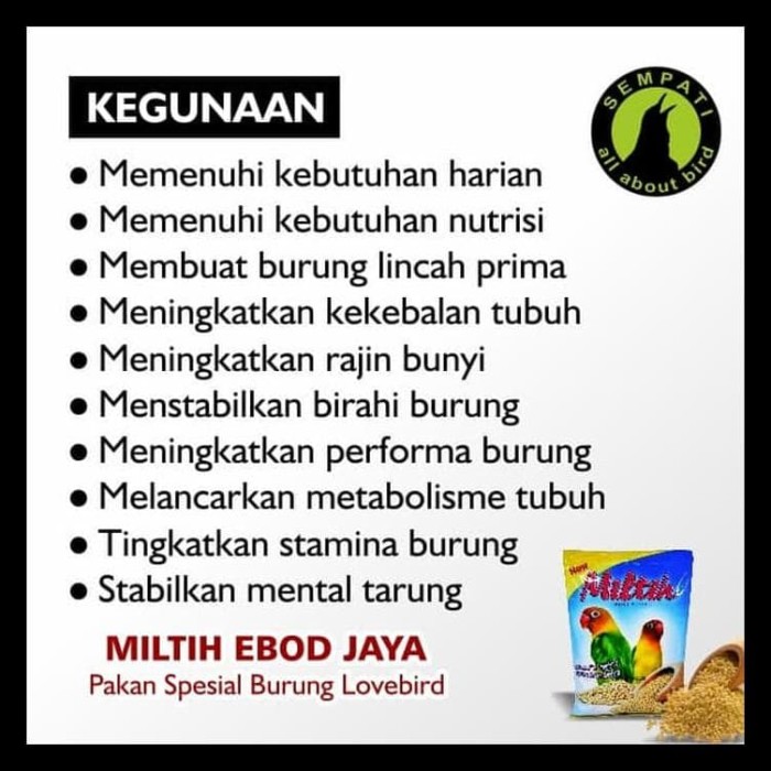 Pakan Burung Lovebird Miltih (Milet Putih) Kemasan Plastik Ebod Jaya