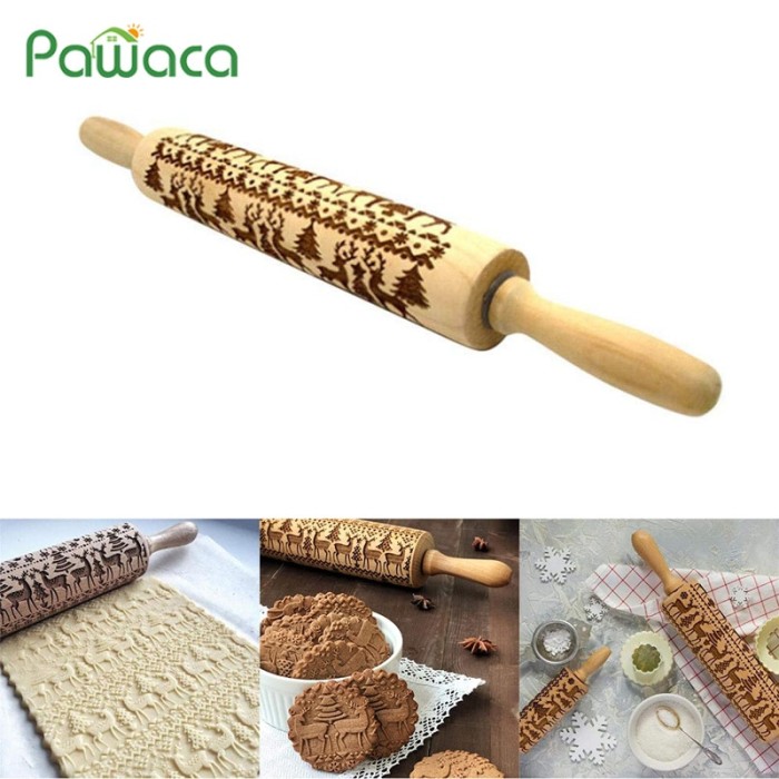 2018 Flower Wood Rolling Pin Embossing Baking Cookies Biscuit Fondant Christmas