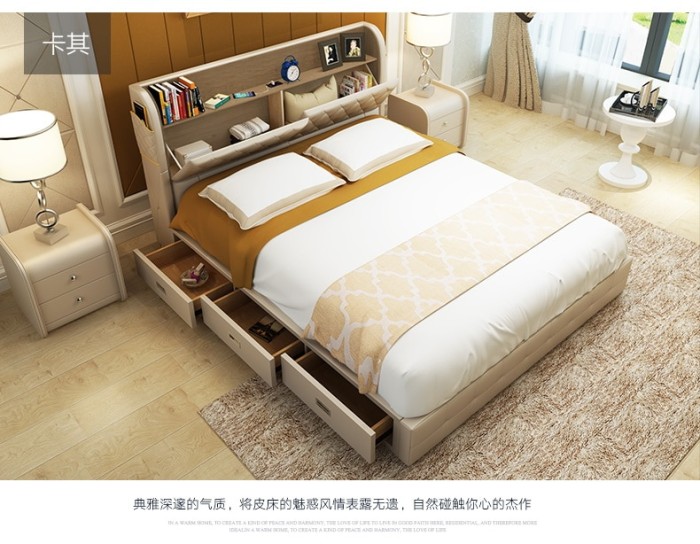 Jual Genuine Leather Bed Frame With Storages Drawers Modern Soft Bed Frame With Storages Drawers Modern