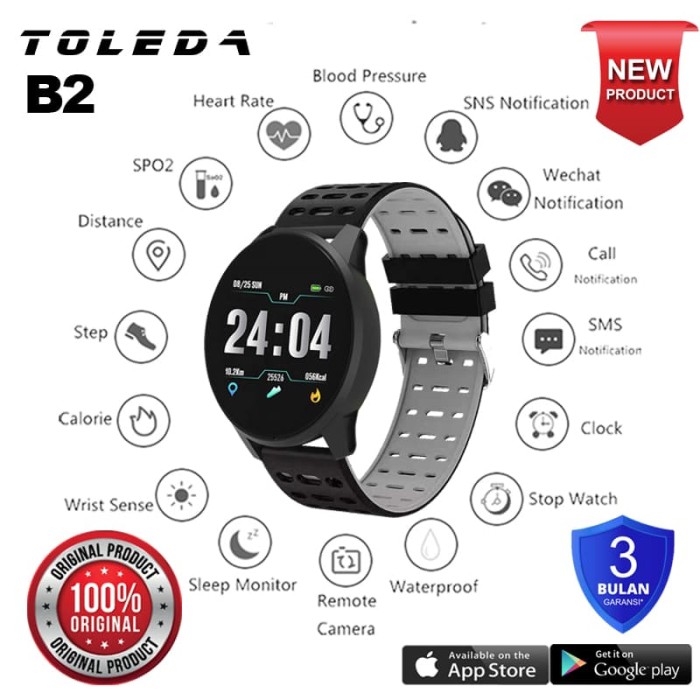Foto Produk Toleda Smartwatch TLW B2 Original 100% Smartband - Hitam-AbuAbu dari Toleda Indonesia
