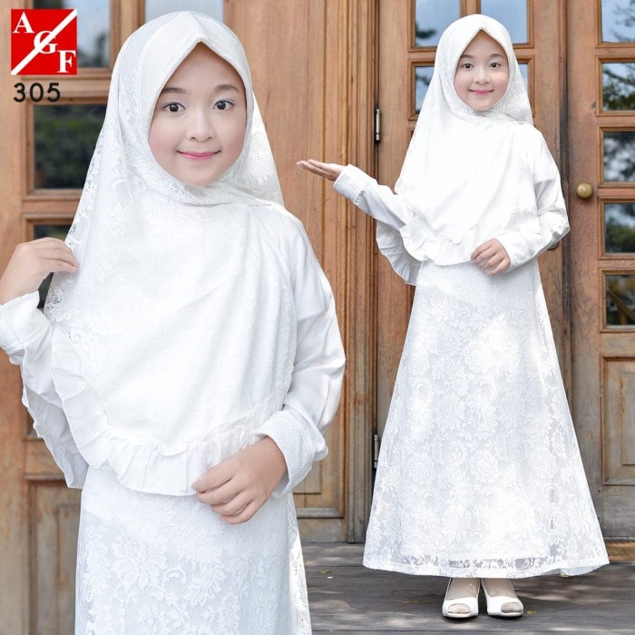 Jual AGNES Gamis Putih Anak  Perempuan  Baju  Muslim Lebaran  