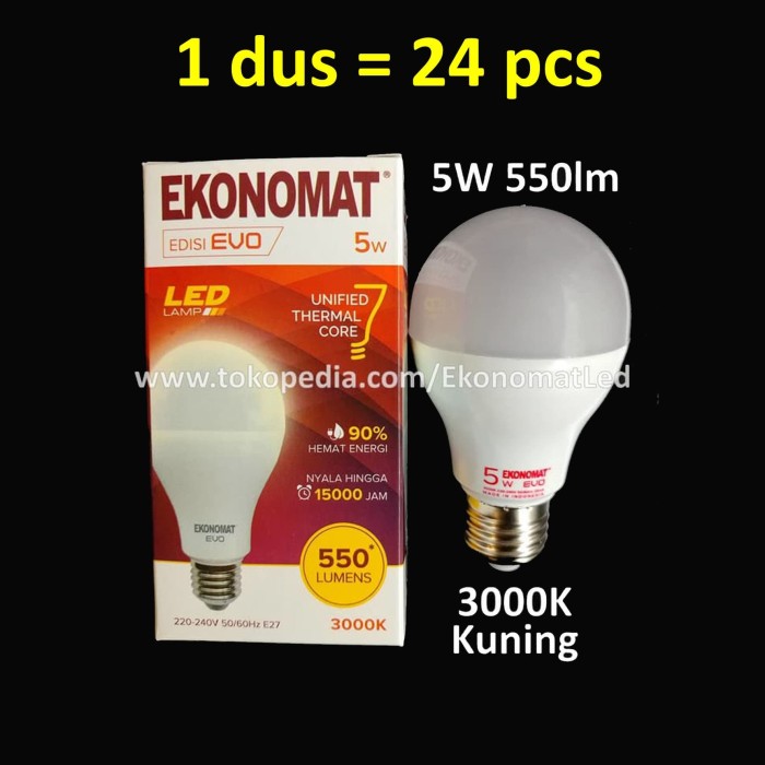 Jual 1 DUS 24 PCS Lampu LED Ekonomat EVO 5 Watt Kuning 3000K Bohlam 5 W