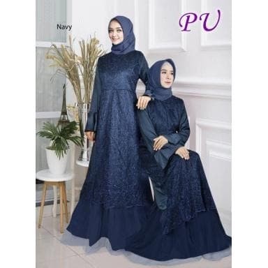 Model Gamis Biru Dongker Kombinasi