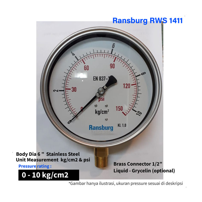 Jual Pressure Gauge 0 10 Kg/cm2 Dia 6" Ransburg RWS 1411 Manometer