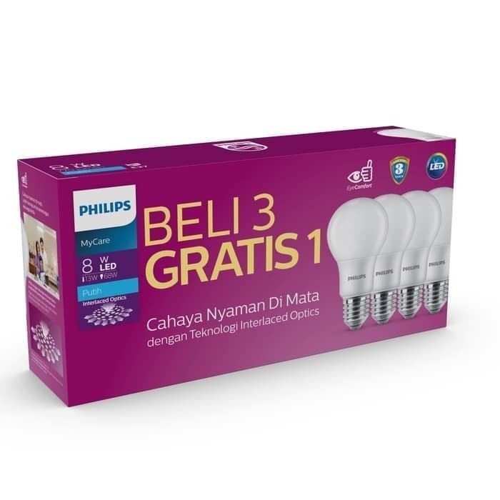 J   ual Philips Lampu LED Mycare 8w Paket Bohlam Pack Bulb 8 Watt isi 4