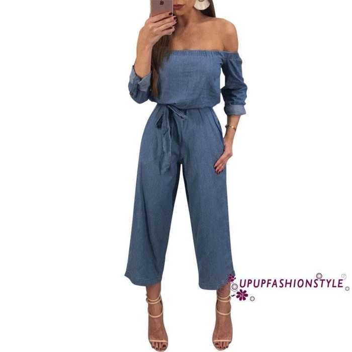 off shoulder denim jumpsuit