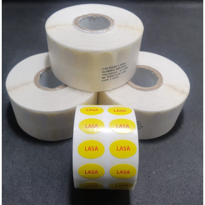 Jual STIKER  LASA  KUNING  OVAL 15X10mm isi 5000 pcs in ROLL 