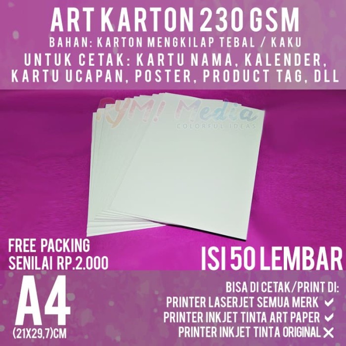 Jual Kertas Art Karton 230 gsm A4 isi 50 lbr Carton 