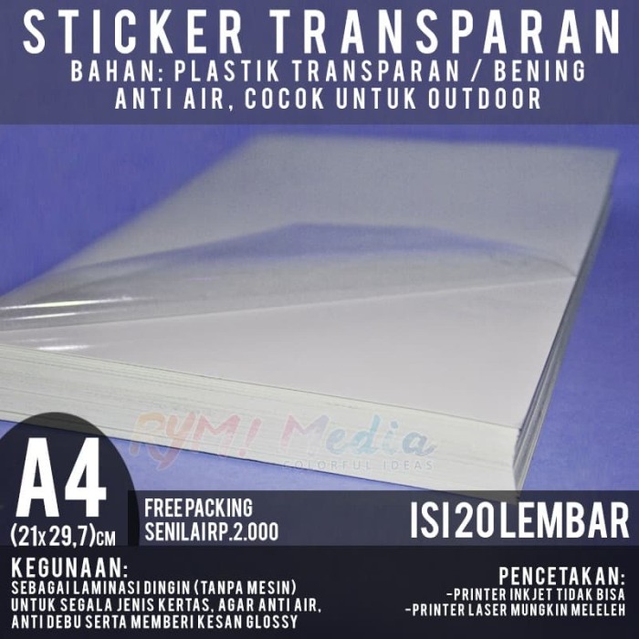 Jual Kertas  Stiker  Transparan A4  isi 20 lbr Sticker 