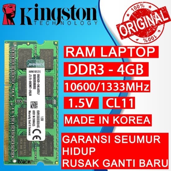 Jual RAM LAPTOP KINGSTON DDR3 4GB 10600/1333MHz ORI RAM