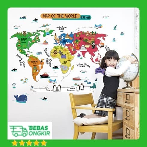 Jual WALL STICKER PETA DUNIA ANAK KIDS ANIMAL STUDY MAP OF ...