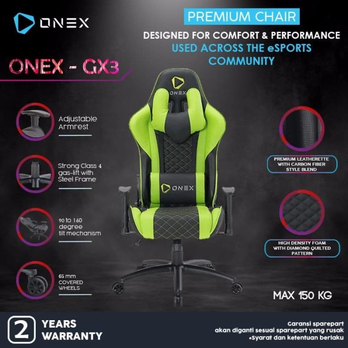 Jual ONEX  GX3 Premium Quality Gaming  Chair Kursi  Hijau 