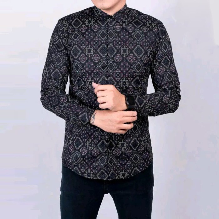 Jual Baju Kemeja Pria Batik Songket Diamond Modern Slimfit Casual Hitam