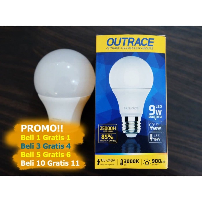 Jual BELI  1 GRATIS 1 Lampu  LED  OUTRACE 9 Watt 3000K Bulb 