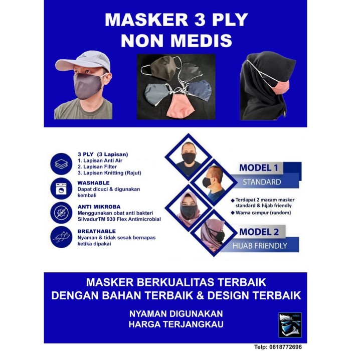 Jual Masker  Kain  3 Ply Non Medis Anti Mikroba Anti Air 